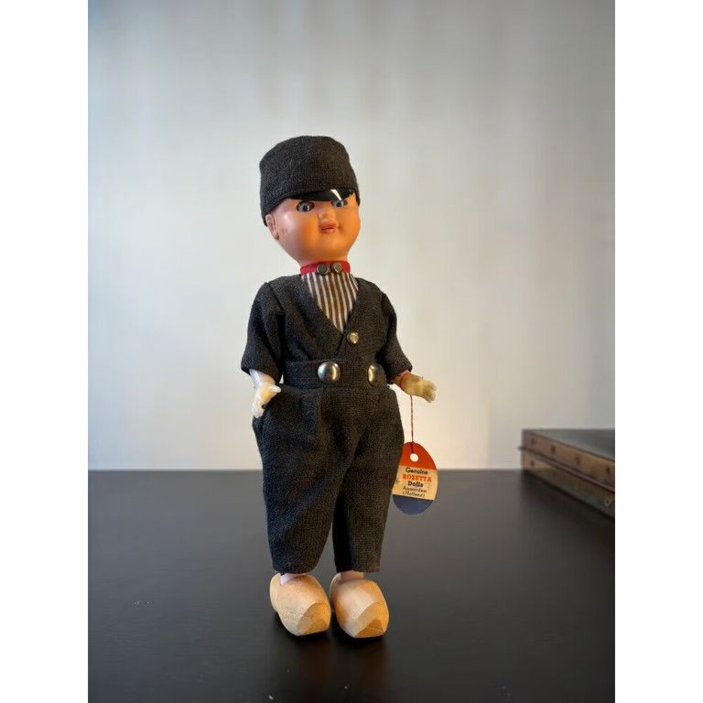 Dutch Boy Doll Wooden Clogs Black Cap Striped Shirt Hang Tag Holland Souvenir